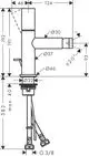 Einhebel-Bidetmischer von AXOR mit Zugstangen-Ablaufgarnitur. Technische Zeichnung zeigt Maße und Anschlüsse, einfache Bedienung durch Zerogriff-Design.